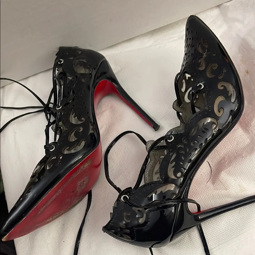 Christian Louboutin Black Patent Lace-Up Laser-Cut Pointed-Toe Pumps